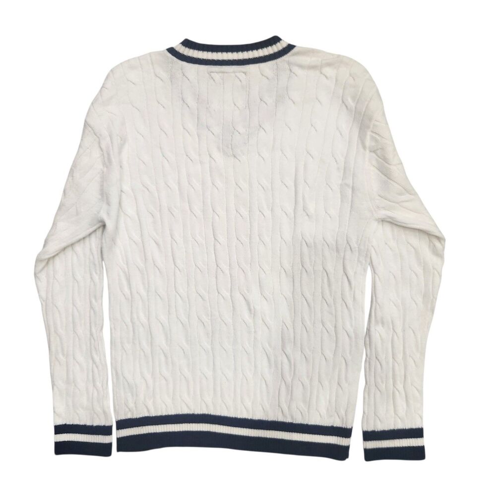 Hollister Tenniscore Preppy Cable Knit Cricket Sweater M Ivory V Neck Varsity - Picture 4 of 7